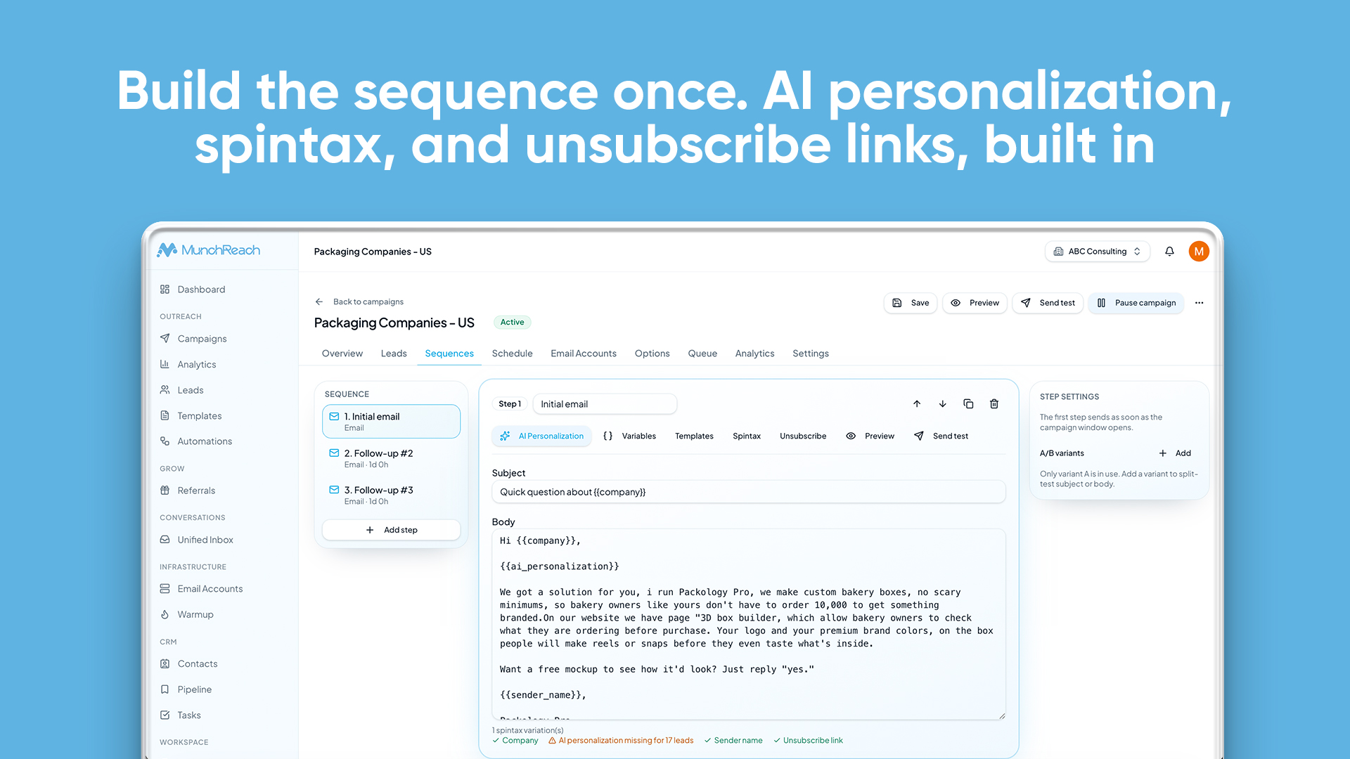 MunchReach sequence builder with multiple steps