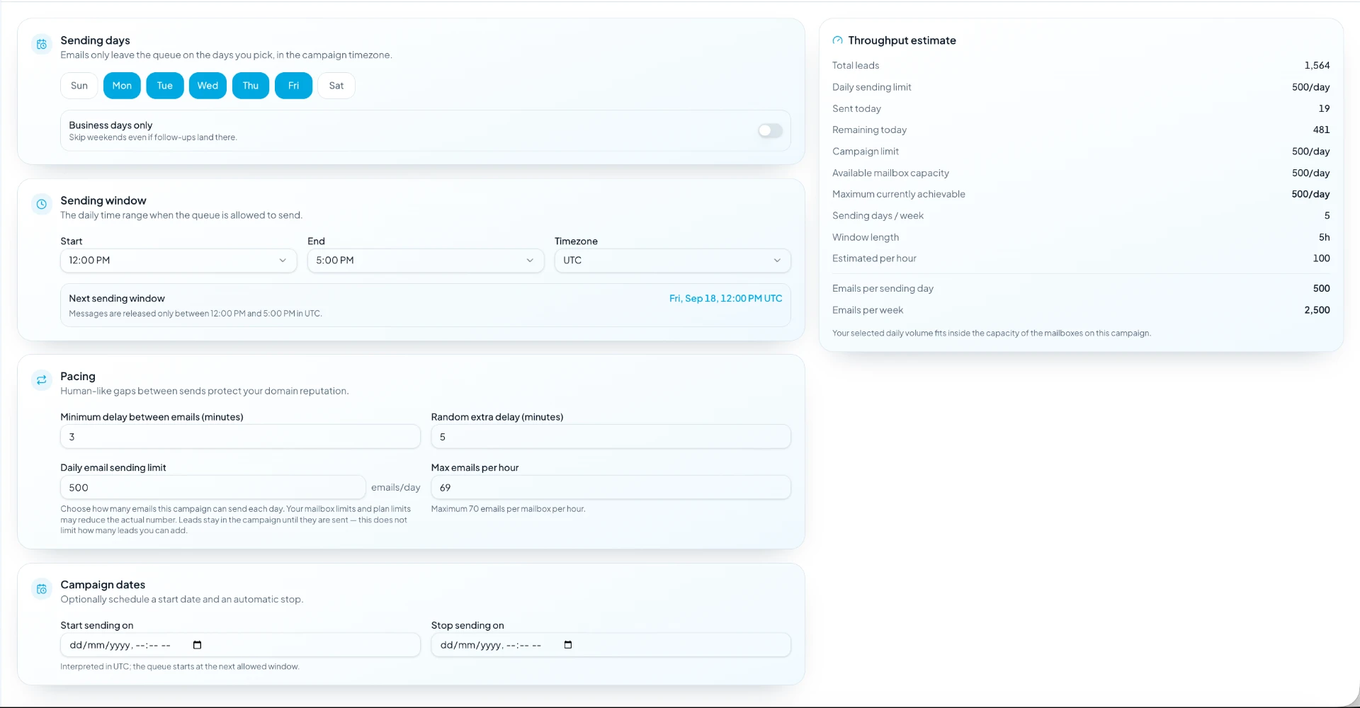 Campaign schedule settings — sending days, sending window, pacing, campaign dates and a throughput estimate