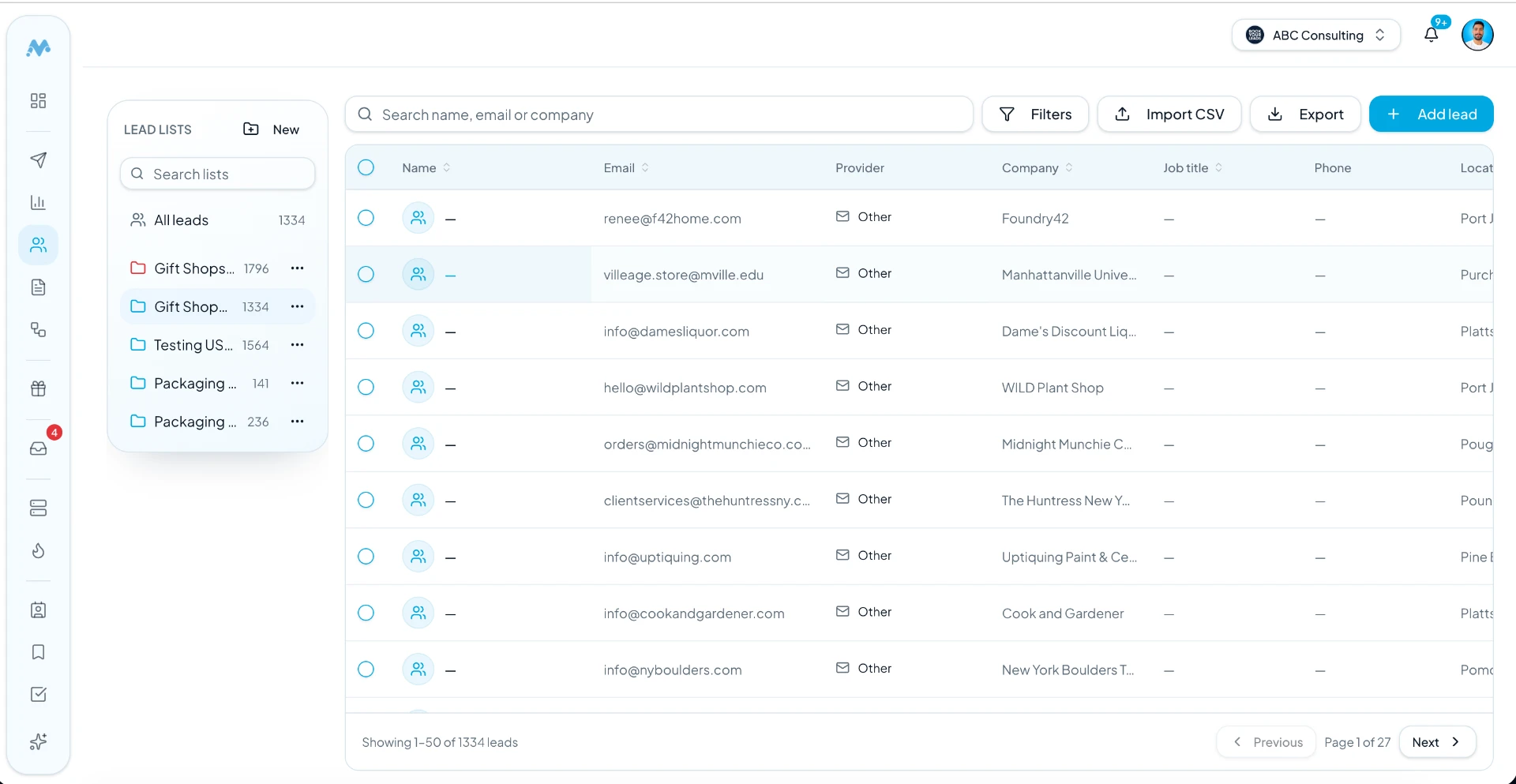 MunchReach Leads page with lead lists on the left and Import CSV, Export and Add lead buttons above the leads table