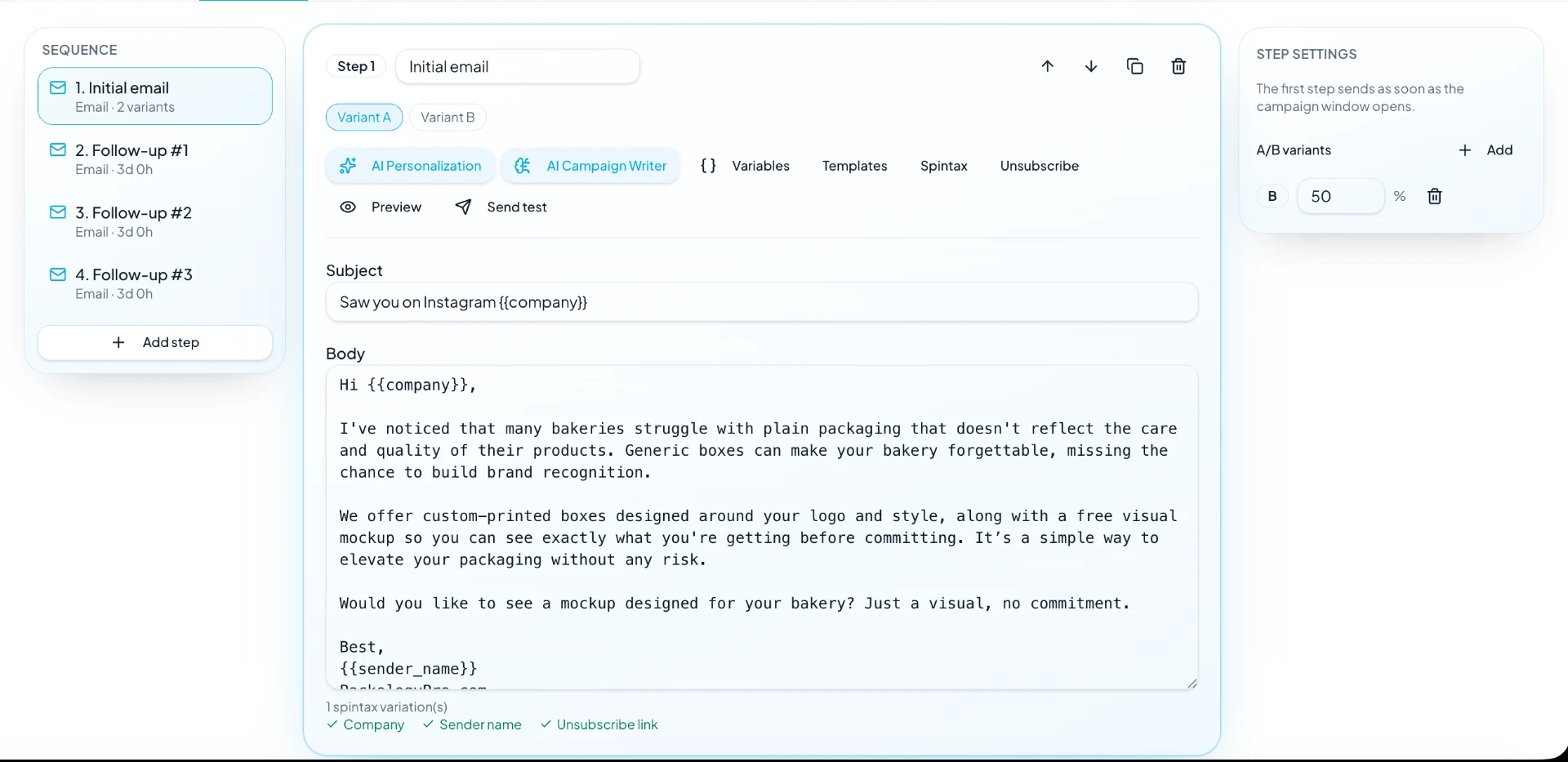 Sequence editor with AI Personalization and AI Campaign Writer tools, subject and email body with variables