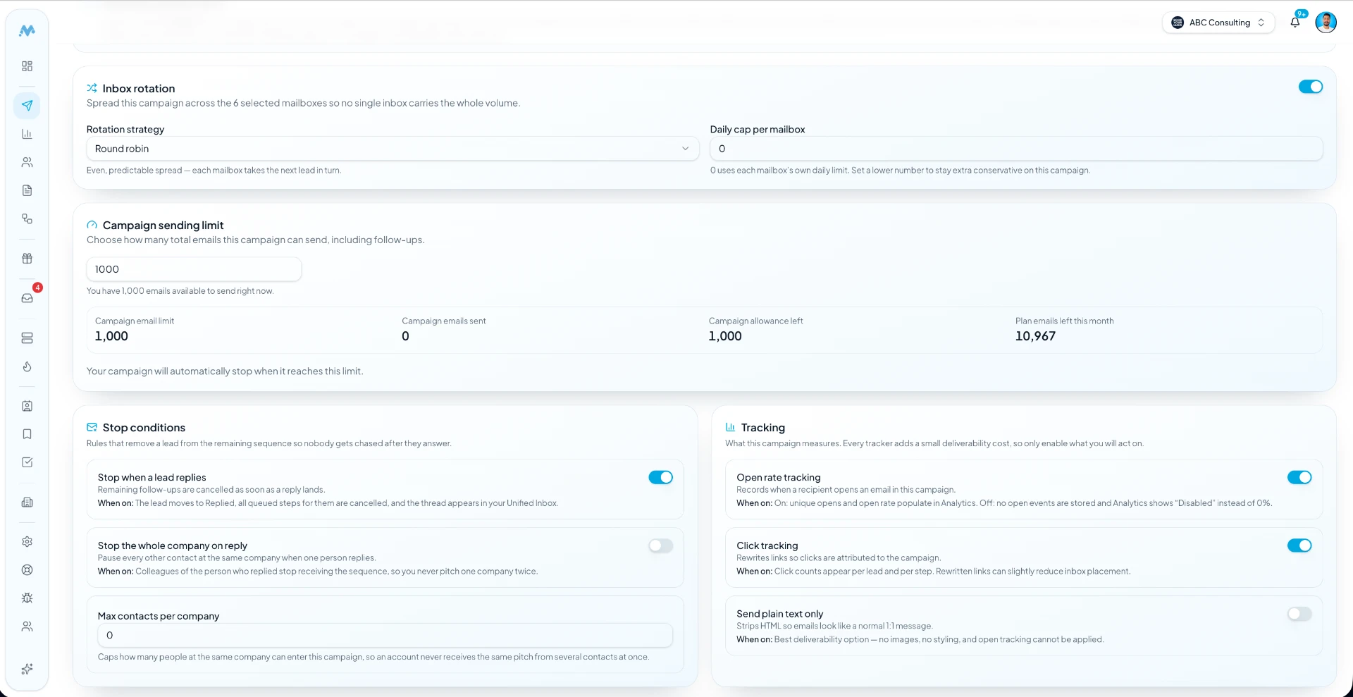 MunchReach campaign options showing inbox rotation, daily cap per mailbox, campaign sending limit, stop conditions and tracking settings