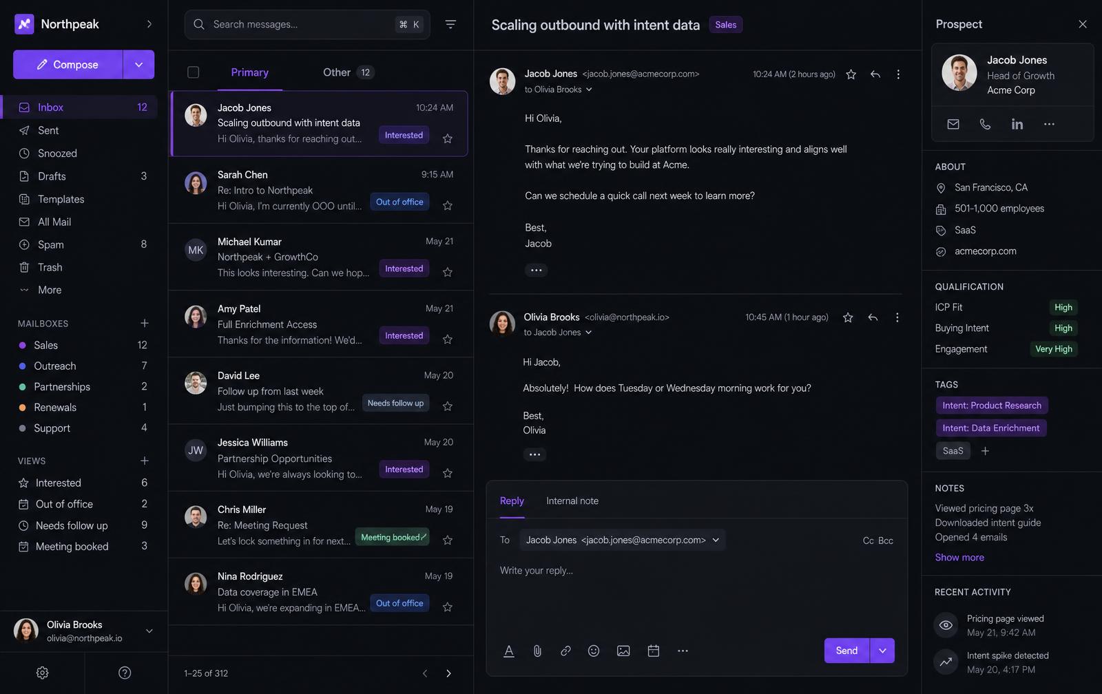 MunchReach unified inbox with threaded prospect replies and conversation context
